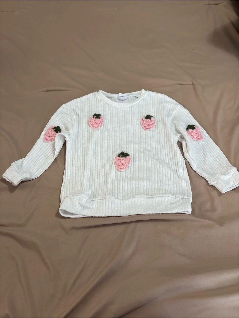 White Ribbed Sweatshirt with Pink Strawberry Appliqués